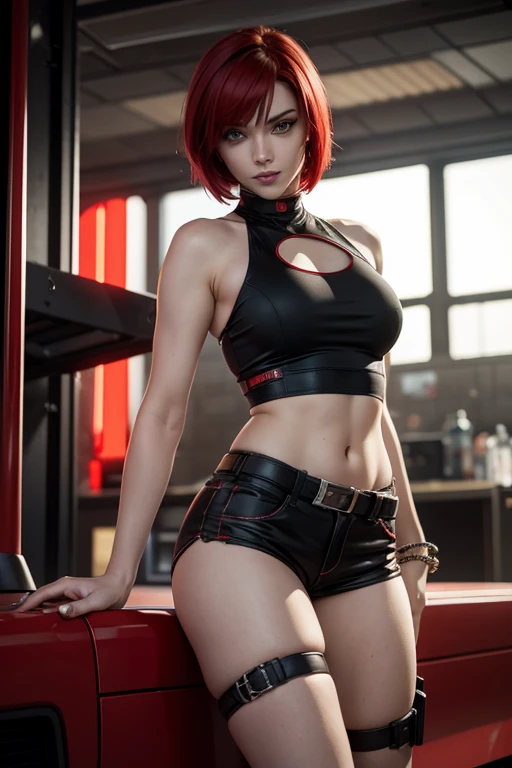 The mechanical drummer android called Do-ri. The android woman has brown eyes and a red short wig with red lipstick on, her mechanical body is exposed, she's playing punk music.