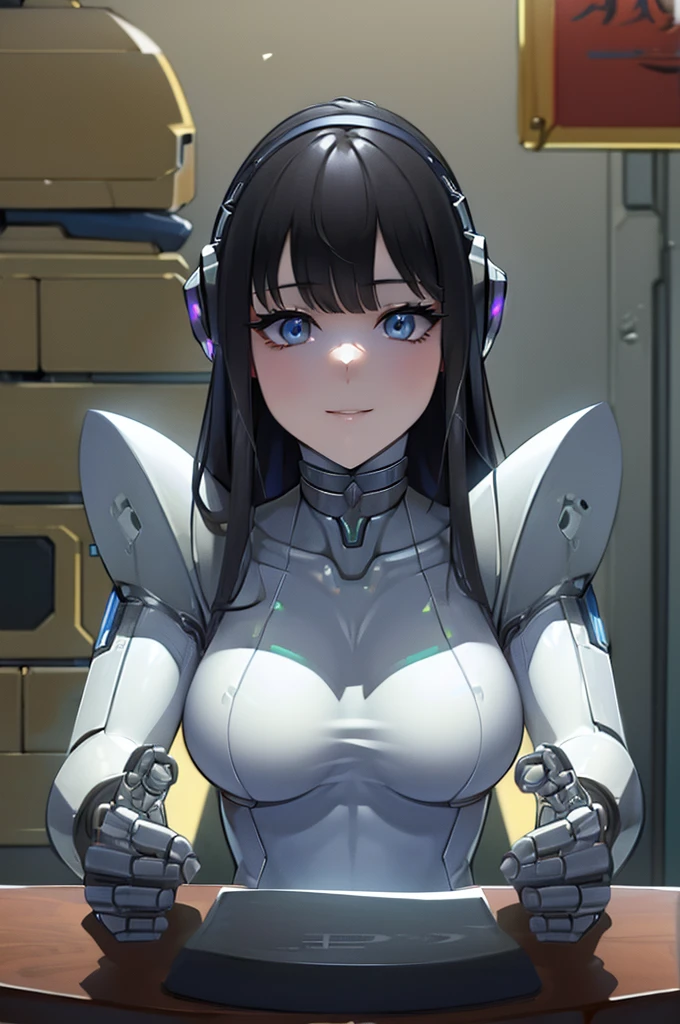 (masterpiece),(Highest quality),(Super detailed),(Best illustrations),(Best Shadow),(Absurd),(Detailed Background),(so beautiful), 16K, 8K, 4K,(Best Shadow),robotization,woman ,big bust,Robot Joint ,Metal skin,Black robot Suit,long hair,a black robot suit that covers the whole body,robot hand,cyber bodysuit,mecha head,(Detailed hands and fingers:1.2),Ball joint robot body,doll joint,beautiful face,beautiful robot girl,robotic eye,robotic hands,(no more human skin),android girl,cyborg girl,F cup, sexy body,(machine made joints:1.2),(machanical limbs:1.1),(blood vessels connected to tubes),(mechanical vertebra attaching to back),(mechanical cervial attaching to neck),no messy picture style,no emotion,tech control,black robot suit,maintenance,smile