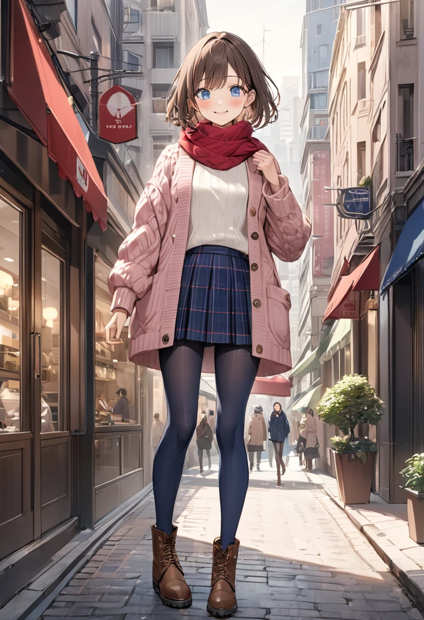 masterpiece, Best Quality,  Thin legs,  Beautiful Details , Fine texture, Fine skin,  1 girl,  Expressive Blue Eyes , Small breasts,  Brown Hair,  medium hair,smile, blush,  casual, Wool coat,  pink knitted sweater,  red scarf,  navy blue plaid pleated miniskirt, (navy blue pantyhose ), Jockey Boots, city,Building Street, full body、standing
