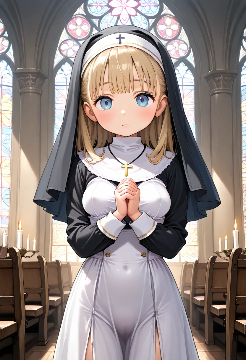 breasts, 1girl, own_hands_together, blonde_hair, jewelry, stained_glass, blue_eyes, interlocked_fingers, hands_clasped, nun, hands_together, looking_at_viewer, solo, necklace, cross, dress, rating:questionable, long_sleeves, bangs, holding_hands, church, medium_breasts, standing, eyebrows_visible_through_hair, candle