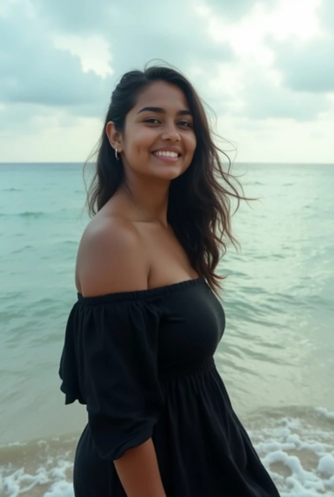 Indian girl, 18 year old, mischievous smile, black off shoulder top, long plain skirt, round deep navel, 36D, in a beach, sea waves palm trees setting sun in the background, soothing colors with intricate details, realistic face, realistic body, straight hairs