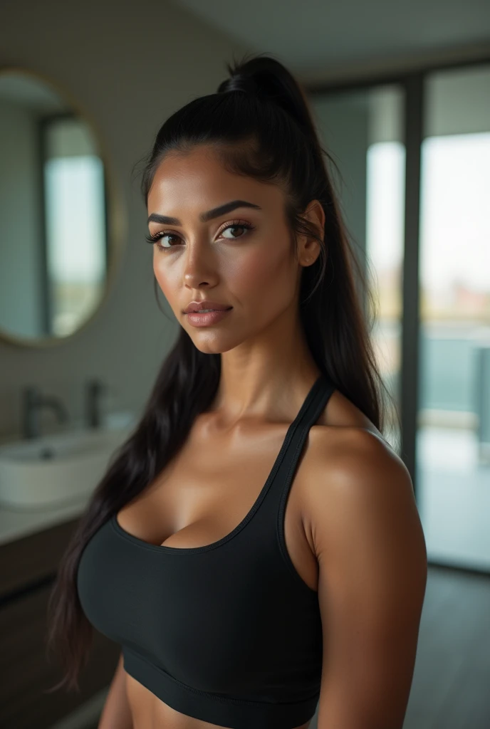 La misma mujer morena de ojos, de frente con un gran escote de color rojo
