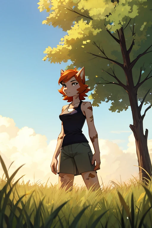 Prairie, field meadow, a few trees in the distance, mottled light and shadow, beautiful, masterpiece female furry ben 10 style