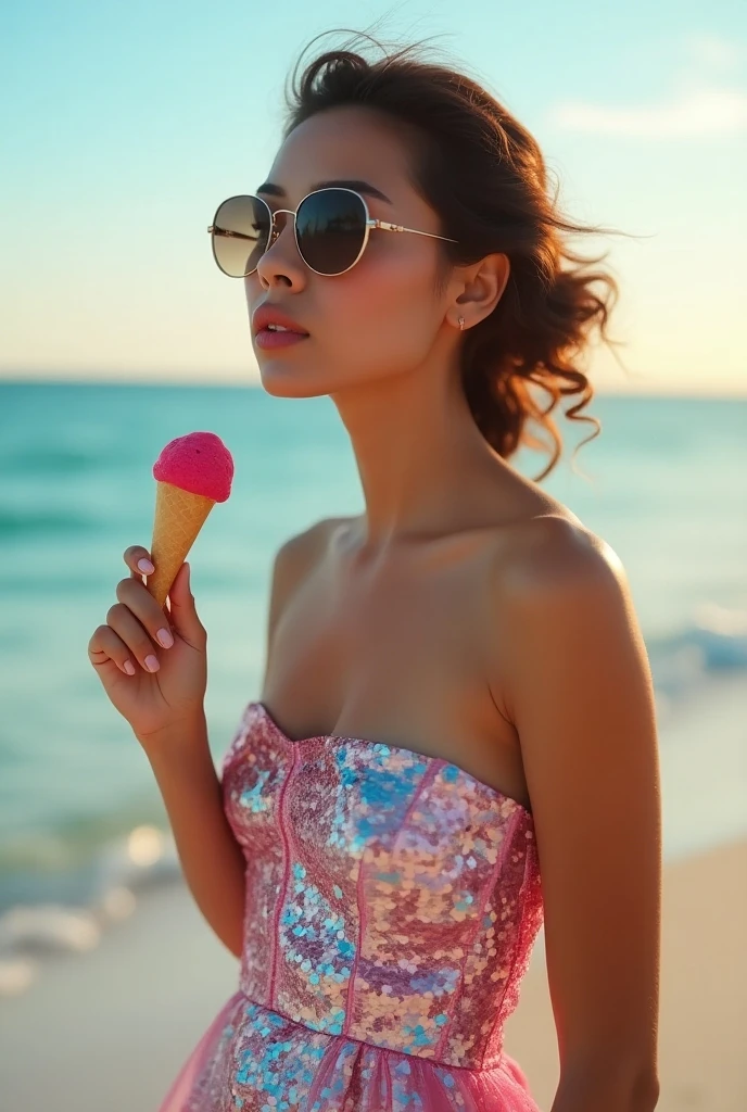 The image is a portrait of a young woman on a beach. She is wearing a strapless dress with a pink and blue sequin pattern and a pair of sunglasses. The woman is holding an ice cream cone in her hand and is looking off to the side with a serious expression on her face. The background is a beautiful blue ocean with the sun setting in the distance. The overall mood of the image is dreamy and ethereal.