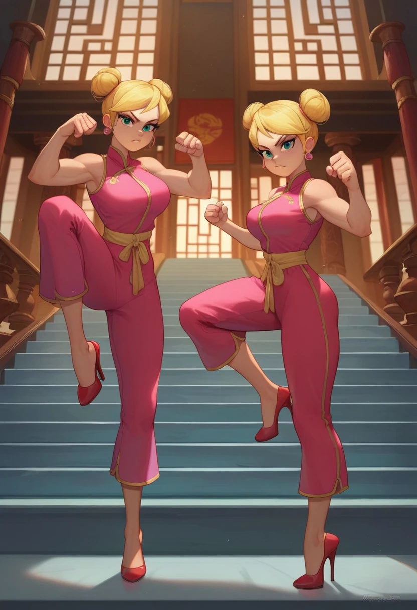 lola loud, 2girls, duo, 24yo girl, large breasts, pink cheongsam, inside of a chinese temple, looking at viewer, blonde hair, two hair buns , hands score_9, score_8_up, score_7_up, high heels, teep fighting stance,martial arts, stairs behind her, guarding the stairs, twins