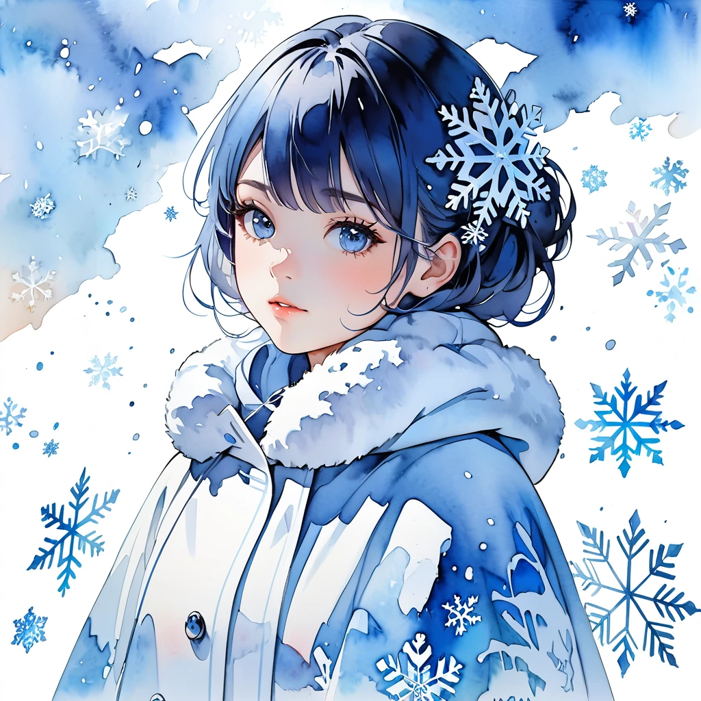 Masterpiece, highest quality, highest resolution, detailed depiction, beautiful, watercolor, silhouette of a Nordic cute girl filled with snow,snowflake, double exposure, crisp lines, blue and white background, 4K graphics.