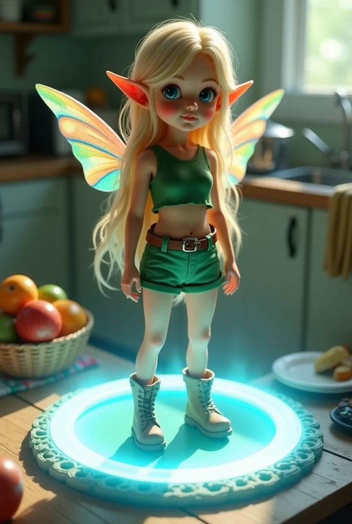 Super realistic illustration, Detailed Fantasy art, Cinema 4D rendering, 1 elven girl, minigirl, solo, full body, A pale blue magic circle is drawn on the dining table, The magic circle is a portal to Another Dimension. electricity effect. A Miniature elf standing on the magic circle with smile. The Miniature elf with transparent wings that shine with the rainbow color is looking up at the camera. From above. long blonde hair, Azure big eyes. green short puff sleeve cropped shirt, green low rise shorts that expose the groin, green lace-up boots, There are dishes and a fruit basket on the table. The background is an everyday kitchen scene. cinematic lighting, perspective