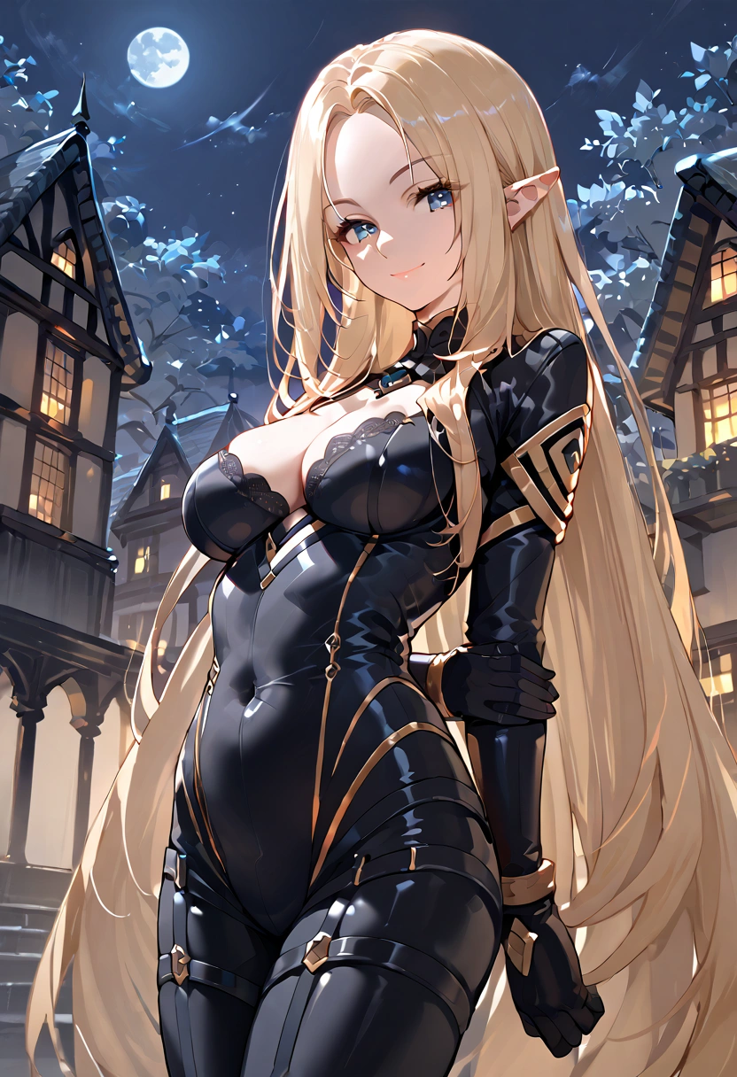 score_9, score_8_up,score_7_up,source_anime,Alpha_Eminence, 1girl, looking at viewer, black bodysuit, breasts, smile, gloves, hands behind back,night