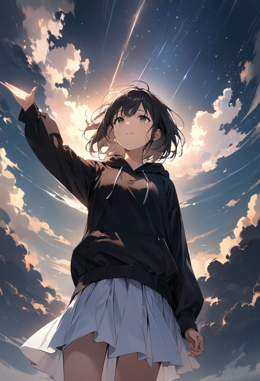 A((Surprisingly bizarre )),(masterpiece:1.2),超 high resolution on down,  Attention to Details ,  high quality,  high resolution on down, 最 high quality, 4K, 8k、 Crying Girl、Look up at the sky、 girl raising one hand towards the sky、 Dark Sky with Thick Clouds 、After the heavy rain、 the sun is shining through the dark clouds、Hope is the theme 、 composition looking up from below、 short hair 、 Black Hair 、 black hoodie 、White Skirt,Girl&#39;s whole body