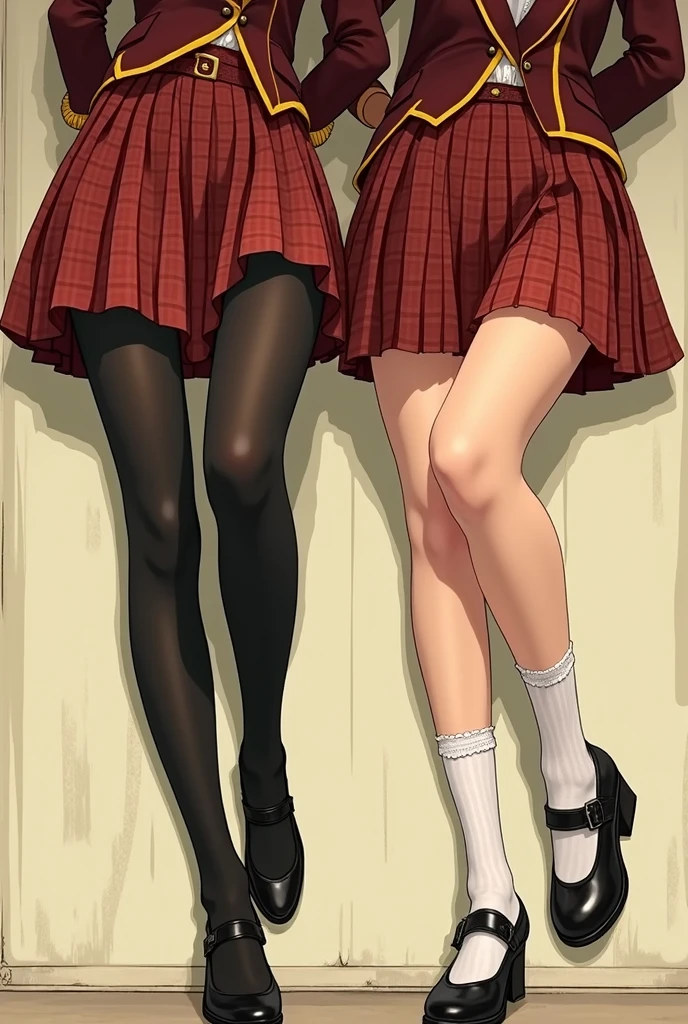 four adult girls stand in a row against a wall facing the wall with their legs apart, handcuffed behind his back, dressed in short, tight-fitting silk blouses, Short skirts, lace over the knee stockings and high heels, anime
