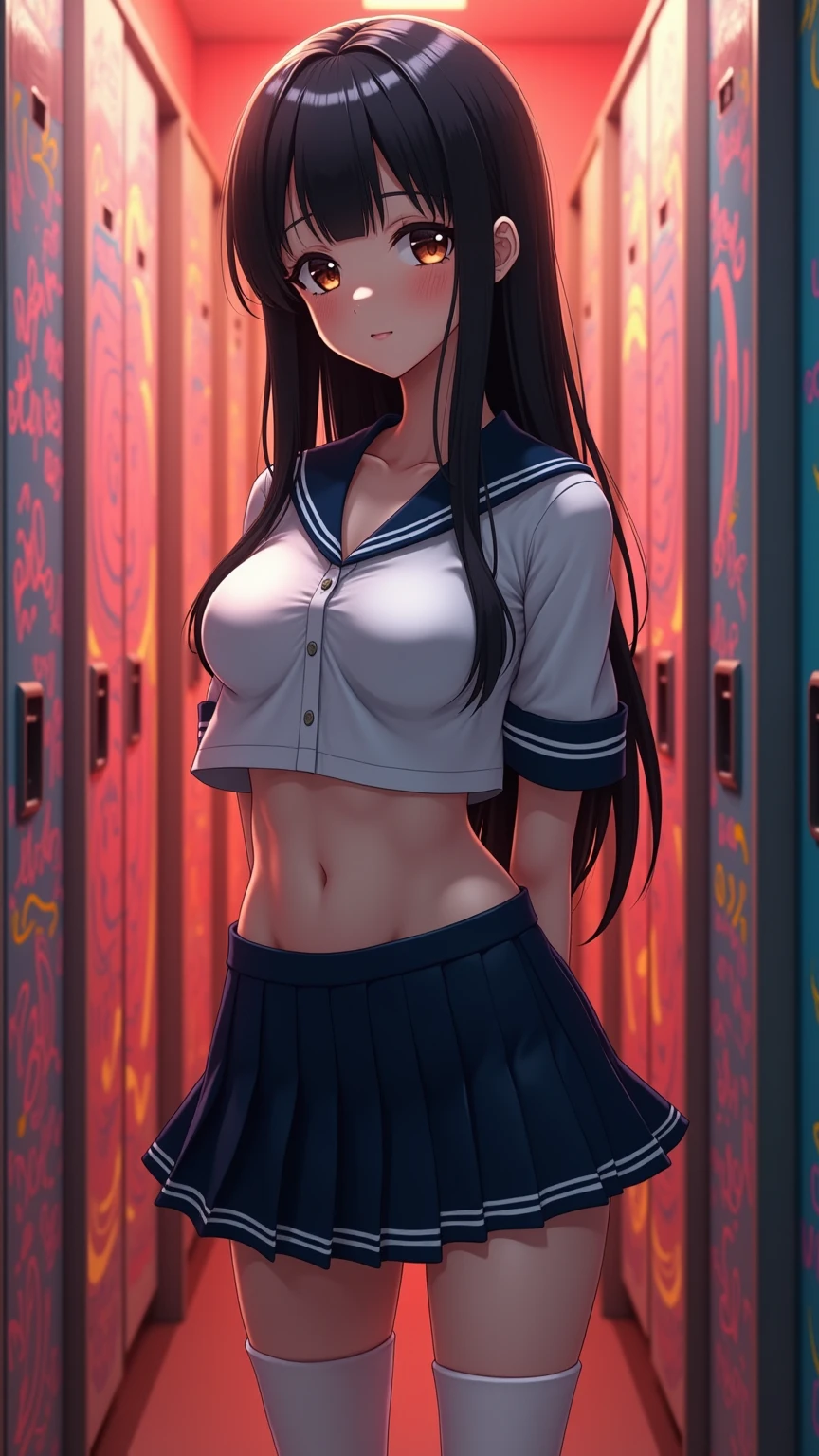 One japanese girl、very young, uniform　sexy　Erotic　Black Hair　mini skirt　Student Uniform　Sailor suit, Excellent anatomy, masterpiece, Highest quality,Realistic, hyperRealistic, 16k hdr,(((skirt lift))),NSFW、Long Hair、Straight Hair、bangs、freckles、Brown Hair、high school girl、White panties、Slender、Slender body、In the locker room, asian high school girl, huge breasts, cleavage, Lewd, horny, sexual gaze, edgy graffiti graphic design with a neon pink, orange, and yellow colored palette, sexy pose, big orange eyes, ulzzang, portrait, (3D), sexy, 8ｋ, Highest quality, masterpiece, Sharp focus, yellow hair, orange eyes, ((from below)), arms behind back, ((realistic)), 