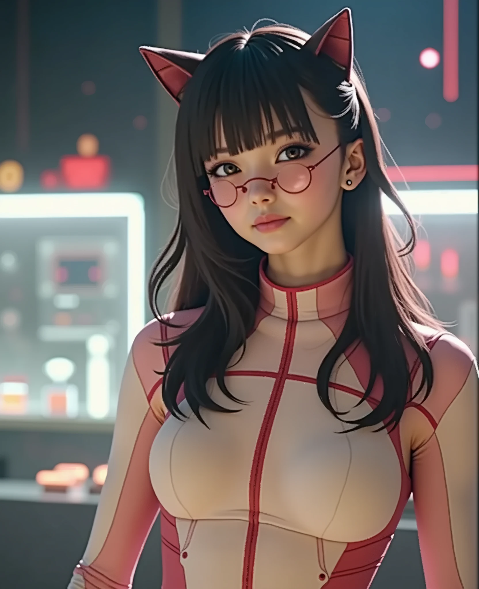(photorealistic:1.4),best quality, ultra high res,
4k, instagram, 
higly detailed, 
alice \(nikke\),body suit,(pink bodysuit),animal ears, fake animal ears, gloves, headphones, headset,
pink jacket,(pink latex bodysuit), pink eyes,twintails,  white gloves, white hair,
VirtualGirl-Aim, medium breasts, crystal pendant, smile,
blurry background, 
<lora:virtualgirlAim_v30:0.5>  <lora:aliceNikke_v30:0.3>