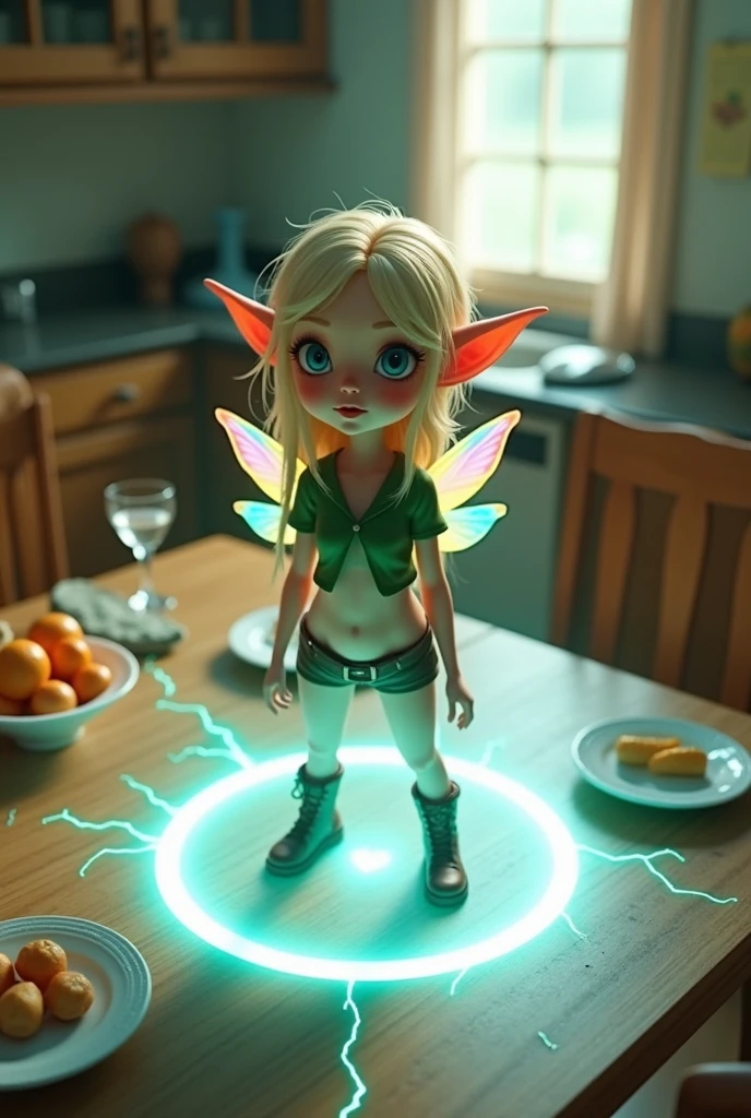 Super realistic illustration, Detailed Fantasy art, Cinema 4D rendering, 1 elven girl, solo, full body, A pale blue magic circle is drawn on the dining table, The magic circle is a portal to Another Dimension. electricity effect. A Miniature elf standing on the magic circle with smile. The Miniature elf with transparent wings that shine with the rainbow color is looking up at the camera. From above. long blonde hair, Azure big eyes. green short puff sleeve cropped shirt, green low rise shorts that expose the groin, green lace-up boots, There are dishes and a fruit basket on the table. The background is an everyday kitchen scene. cinematic lighting, perspective