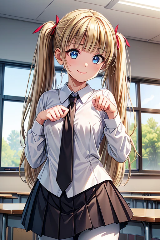 School classroom girl 14Age: 20, Gal, A-cup breasts, Blonde hair, Long pigtails, Red ribbon in pigtails, Purple eyes ((one person)) Smiling, white long-sleeved blouse on the upper body, navy blue miniskirt on the lower body, blue tie, white and light blue horizontal striped panties, black socks, standing