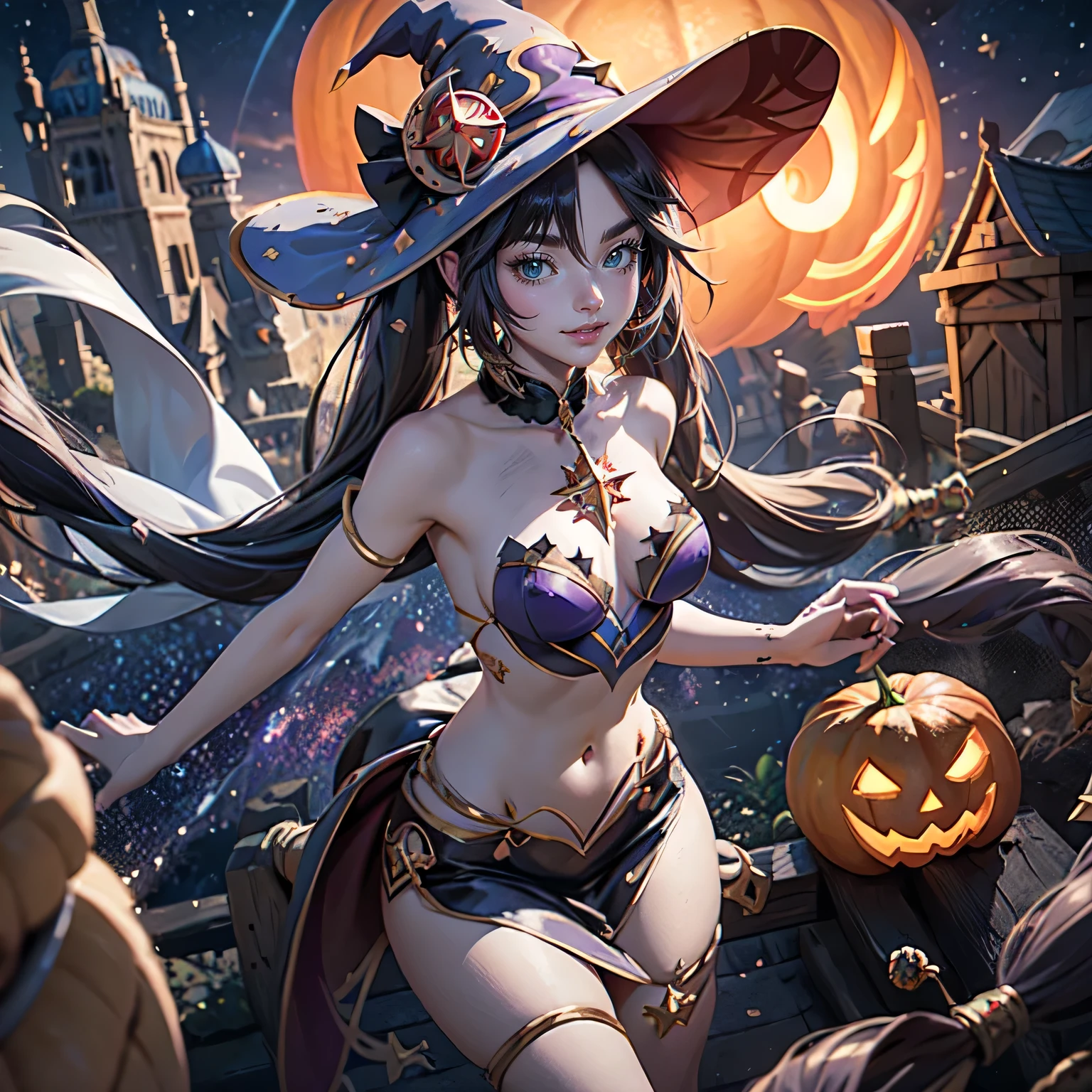 Mona_(genshin impact), black hair, twintails, 1girl, dress, jewelry, glow hair, flowing hair, ahoge, armpits, bandaged arm, white witch hat, white witch costume, bare shoulders, glow eyes, costume for Halloween, Halloween theme, chest sarashi, claw pose, tassel, collarbone, cowboy shot, cute ghost, hair between eyes, hair intakes, white Witch clothes, witch hat in her head, halloween, halloween costume, huge ahoge, long hair, looking at viewer, midriff, multicolored hair, witch costume, smile, solo, stomach, strapless, streaked hair, thigh gap, thighs, tube top, very long hair, pumpkin lantern, candle, cemetery scenery, 1 girl, centered, cowboy shot, Alone, multicolored hair, short hair, wavy hair, witch aesthetic, black shirt, Halloween witch Costume