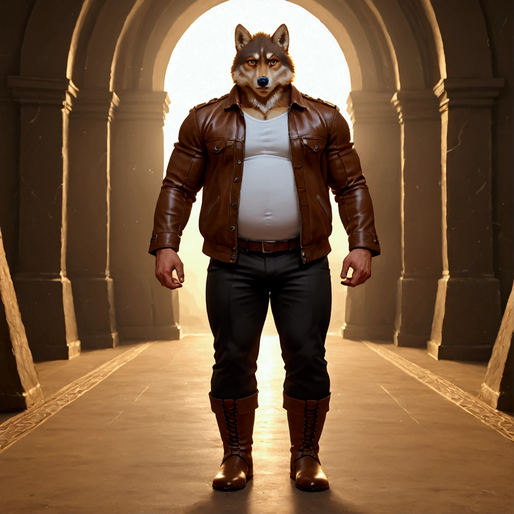 character focus, full body, looking away, dynamic angle, european fantasy, a musclegut middle-aged wolf man, jacket, shirt, pants, dynamic pose, BREAK complete anatomy, perfect proportions, beautiful thigh gap, fluffy body, intricate fur details, beautiful fur texture, BREAK a detailed wolf 1tail, detailed boots, detailed foot, detailed hands, 5fingers, 5fingers nails, BREAK aesthetic anime face, insanity detailed face, male face, big face, square jawline, aesthetic anime eyes, detailed brown eyes, detailed brown cornea, detailed dark brown irises, detailed pupils, male eyes, big eyes, male eyebrows, innocent look, beautiful beard, BREAK full body in Michelangelo Buonarroti style, digital illustration anime, housamo style, detailed painting landscape, bedroom, indoor, full color, HDR, BREAK masterpiece, official art, best quality, very aesthetic, absurdres, super fine illustration, great quality, BREAK noise reduction, very highres, large filesize, high quality, 32K, 8k wallpaper, dynamic lighting, BREAK insanity detailed, ultra detailed, intricate details, extremely detailed, detailed texture, an extremely delicate and beautiful, BREAK e621 illustration, osukemo, kemohomo, anthropomorphic, furry, cartoon, harmonious body, pastoral face, virtuous eyes