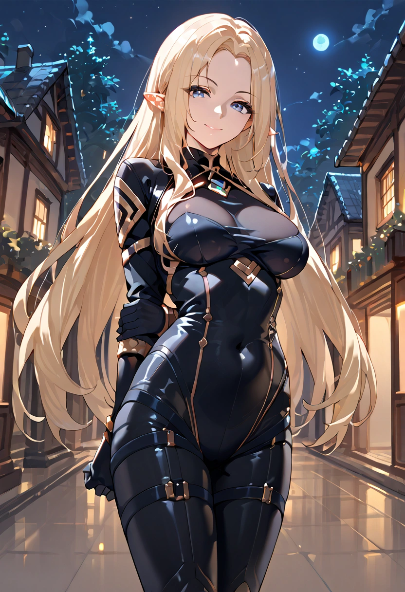 score_9, score_8_up,score_7_up,source_anime,Alpha_Eminence, 1girl, looking at viewer, black bodysuit, breasts, smile, gloves, hands behind back,night