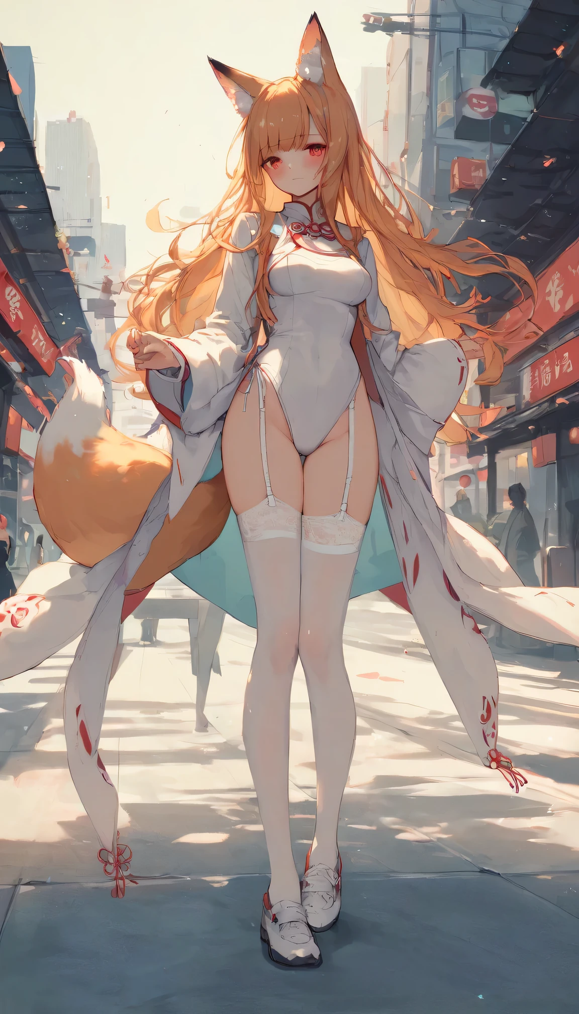 score_9, score_8_up, score_7_up, 1girl, solo, leotard, white leotard with long sleeves, red eyes, slit pupils, white straight hair, long hair, animal ears, tokyo city, tail, white stocking, garter straps, fox ears, white shoes, fox tail, standing, looking at audience, fox girl, medium breasts, blush, (better hands:1.2)