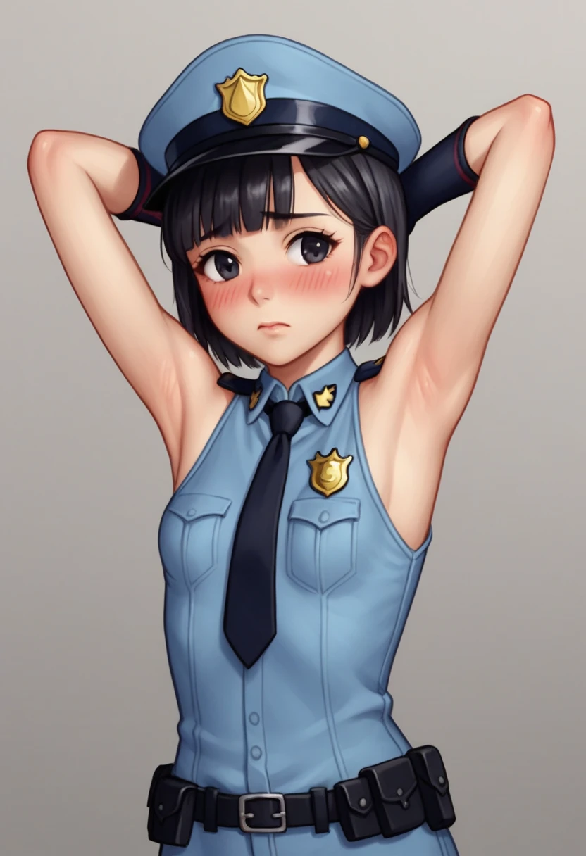 source_anime, score_9, score_8_up, score_7_up, anime screencap, 
pangt, 1girl, solo, bangs, shy, blush black hair, field, collarbone, upper body, blunt bangs, black eyes, bandana, arms raised, police uniform, eyelashes, raised eyebrows, arms up, short hair,
bare shoulders, armpits, showing armpits, arms behind head, visible armpits, short hair, black hair, police uniform, black gloves, black eyes, orange bandana, female , eyebrows, midriff, shy, blushing and Discomfort face, arms up, armpits clean, showing armpits, slender arms, masterpiece, detailed, hairless armpits, wrinkle-free armpits, perfect armpits, anime character, delicate skin, perfect armpits, shy, presenting armpits,  , slender arms, small chest