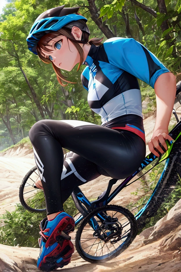 a woman laying on the ground next to a bicycle and a , lying on the ground, crashed, no helmet!!!!, crashed in the ground, accident, laying on the ground, ouch, cycling!!, painful, lying on the woods path, help me, woman very tired, exploitable image, crawling on the ground, riding a bike, sprawled out