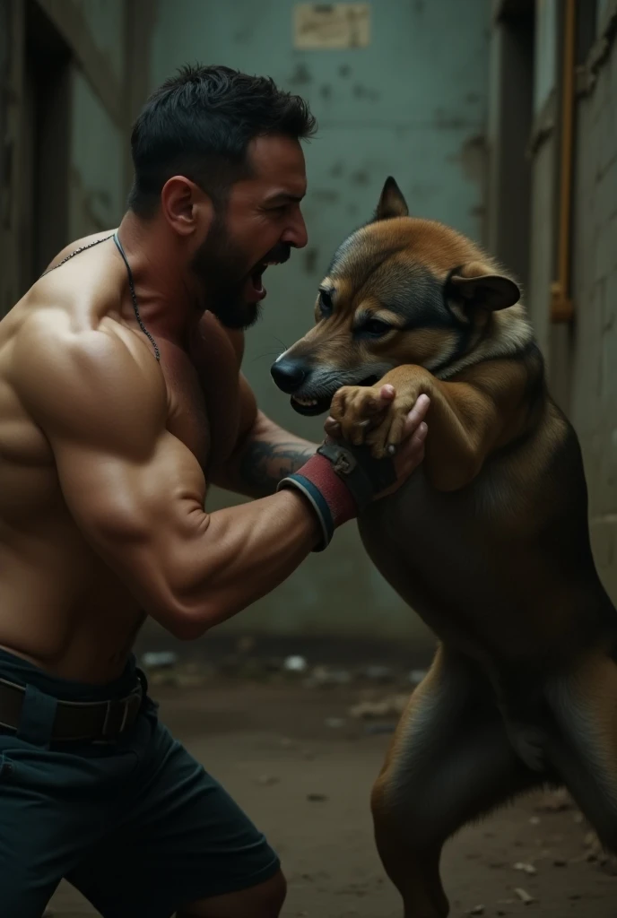 Create an image in two part one part a man beating a dog and another part a dog biting a man