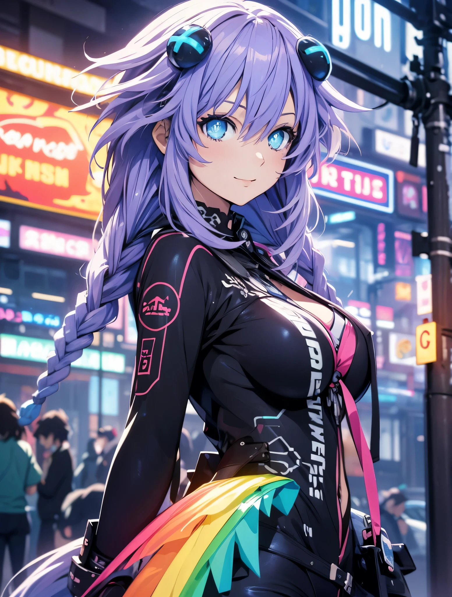 Masterpiece picture quality,Rainbow,Urban girl,ssmile,number art,style of anime,Retro anime girl,Punk girl,in an anime style,dual horsetail,Trendy,neonlight,depth of fields, perfil lateral delantero, ropa urbana ajustada, plano cercano
