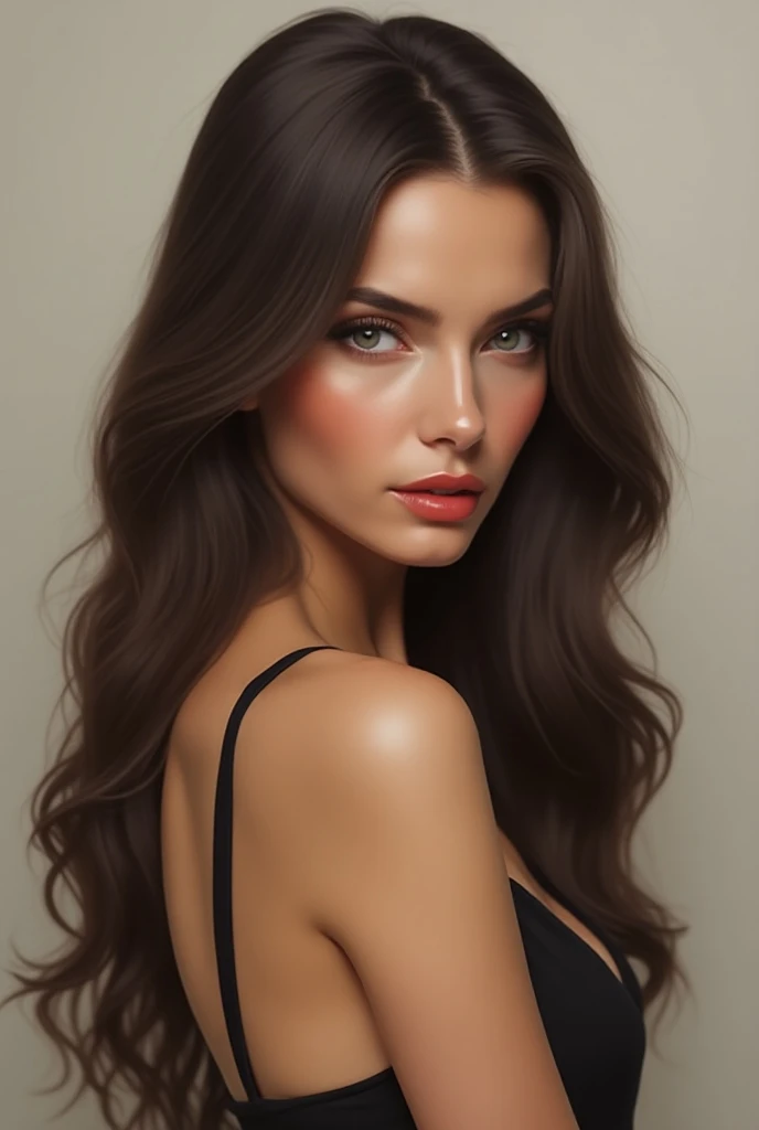 Realistic woman modelo  Catwalk, White With midle size hair, dark Brown and wavy look Theo câmera portrait 