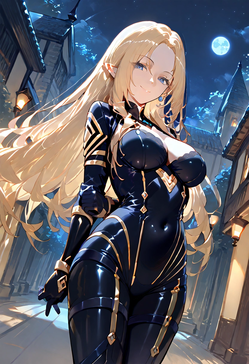 score_9, score_8_up,score_7_up,source_anime,Alpha_Eminence, 1girl, looking at viewer, black bodysuit, breasts, smile, gloves, hands behind back,night