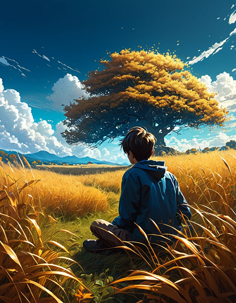 a boy sitting in an autumn meadow,  seeing a vast blue sky with dark blue clouds, tall grasses, cloudy, makoto shinkai cyril rolando, 4k anime art wallpaper, 4k anime art wallpaper, Live wallpaper, anime 8K art wallpaper, Live wallpaper art,  anime landscape wallpaper , amazing wallpaper, HD wallpaper,  Live wallpaper 4k ,  Live wallpaper 4k , Aries Moross art,Bob Byerley art , AshleyWoodArtAI, Greg Rutkowski, golden grass , golden tree leaves, wallpaper, beautiful season, master peace , 8k quality image, beautiful image.