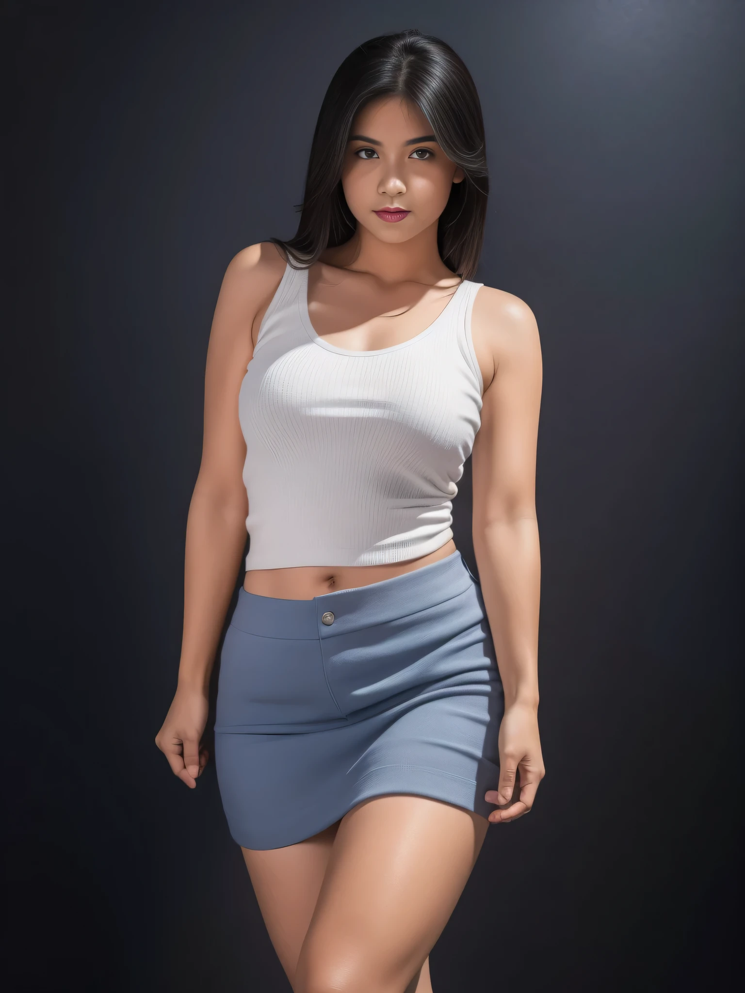 1girl, (Indonesian_high_school), detailed face, detailed eyes, thick breasts, detailed skin, looking at the camera, clear light, (8k, RAW photo, best quality, masterpiece: 1.4), (realistic, realistic: 1.37), ultra-high resolution, photorealistic, high resolution, solo, wide muscular hips, realistic face, (detailed face), black hair Color, camera shot from under, clean armpit, six pack belly, full body angle, s young woman, perfect thighs, muscular thighs, muscular arms, standing, white shirt, grey blue short skirt, asian goddess, long hair, straight hairstyle, muscular abs, thick wide muscular hips, muscular arm, tall body