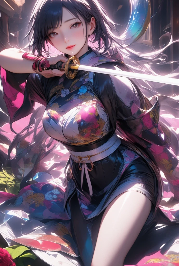 One young and beautiful woman,(Best Quality, Extremely Detailed Description , Incredibly Absurd Hi-Res),(Anime Samurai Girl ),(kimono,Hakama,Long sword:1.3),(Black Eyes,Black Hair, half-closed eye:1.1,sweat,Beautiful legs,Curvaceous Body, shiny skin, holding a sword :1.5, is holding a sword:1.3,Shining Steel Blade:1.3,Sword,),Full body image, anime picture ,Side view,background:Riverside,Natural Light,Focus on the sword 