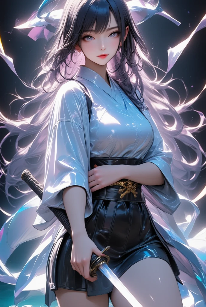 One young and beautiful woman,(Best Quality, Extremely Detailed Description , Incredibly Absurd Hi-Res),(Anime Samurai Girl ),(kimono,Hakama,Long sword:1.3),(Black Eyes,Black Hair, half-closed eye:1.1,sweat,Beautiful legs,Curvaceous Body, shiny skin, holding a sword :1.5, is holding a sword:1.3,Shining Steel Blade:1.3,Sword,),Full body image, anime picture ,Side view,background:Riverside,Natural Light,Focus on the sword 