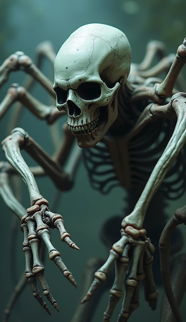 a tall, hunched skeleton, looking old, covered with mud, moss and some mushrooms growing on its body, the environment is dark and rocky