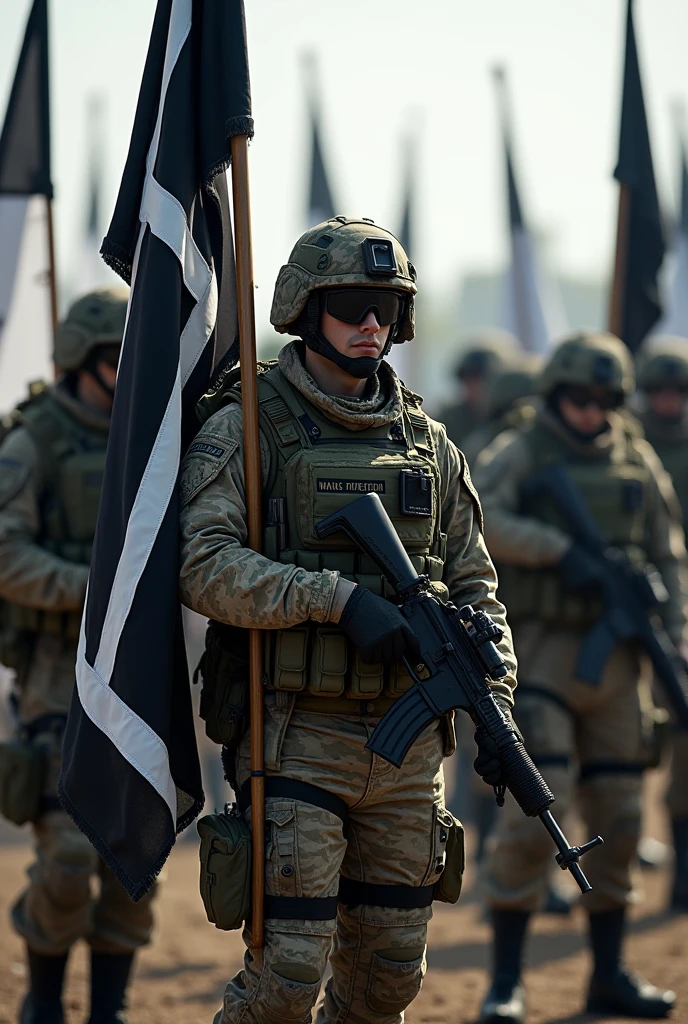 View from behind of brave Israeli defense forces marching against army of ugly and cruel demons, Angels fly and follow IDF soldiers from above , Israel flags , Blue and white, Modern army, Tactical equipment, art demonstrates victory of Good against evil, Apocalyptic Battlefield , Masterpiece, award winning artwork, Dramatic, Best quality, 4k, wide picture, high resolution