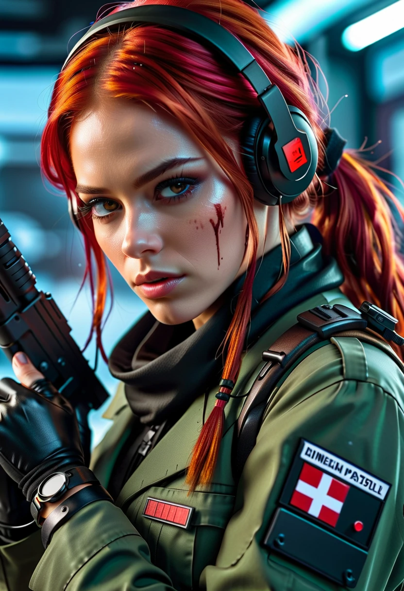 post-apocalyptic, high resolution, 1 woman, Solo, view the viewer, (Detailed face),Red hair, Long closed in back hair, military Nurse outfit, drops of blood on arm, red and black clothe, Snow background, Girl aiming assault rifle, mechanical, Glowing Eyes, Metal surface, Digital display, Streamlined Design , Digital Creatures, biomechanical, Glass visor, fear pose , Invisible Circuits, Colorful wires ,scarf, long boots wit red light, headset with antenna and headband medical sight, medical box in waist, stethoscope.
