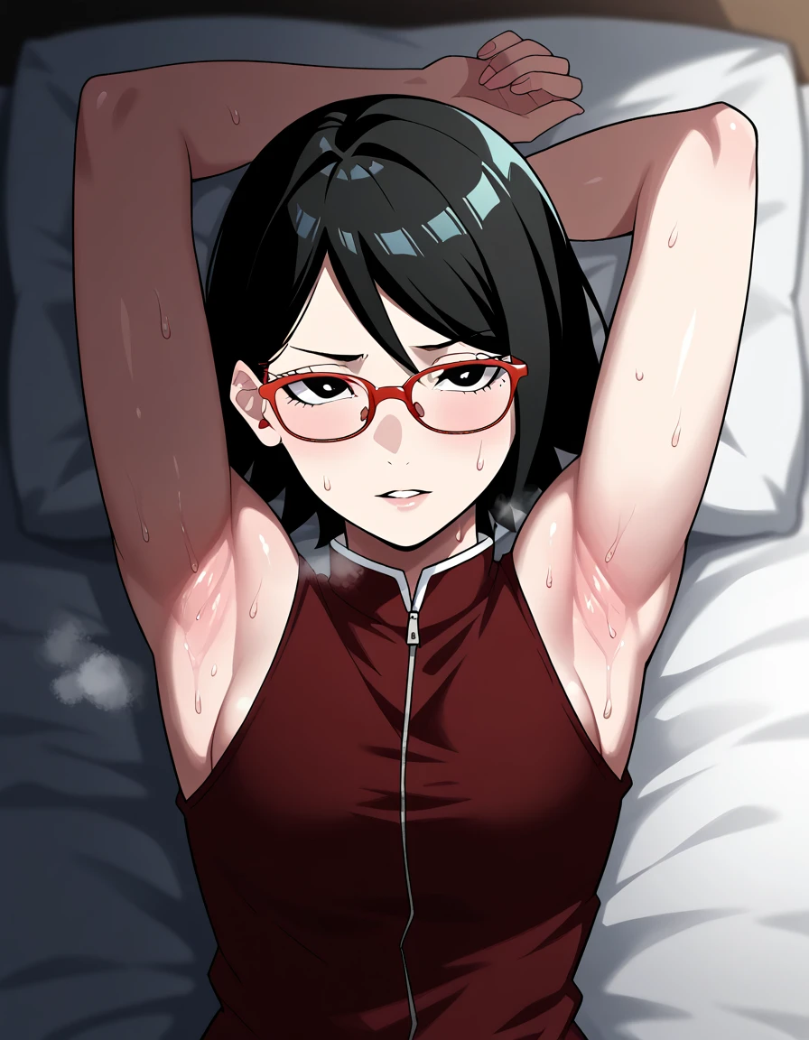 ,  I sleep on my bed in an anime style , Naruto art style, Uchiha salad,  short hair ,  Black Hair , (Black Eye 1.3), Red-rimmed glasses, Glasses,  Sweep Bang,(Armpit，Armpit smell,Armpit sweat，脇の皺:1.3),bedroom,(steamimg,steam:1.1)， Red clothes