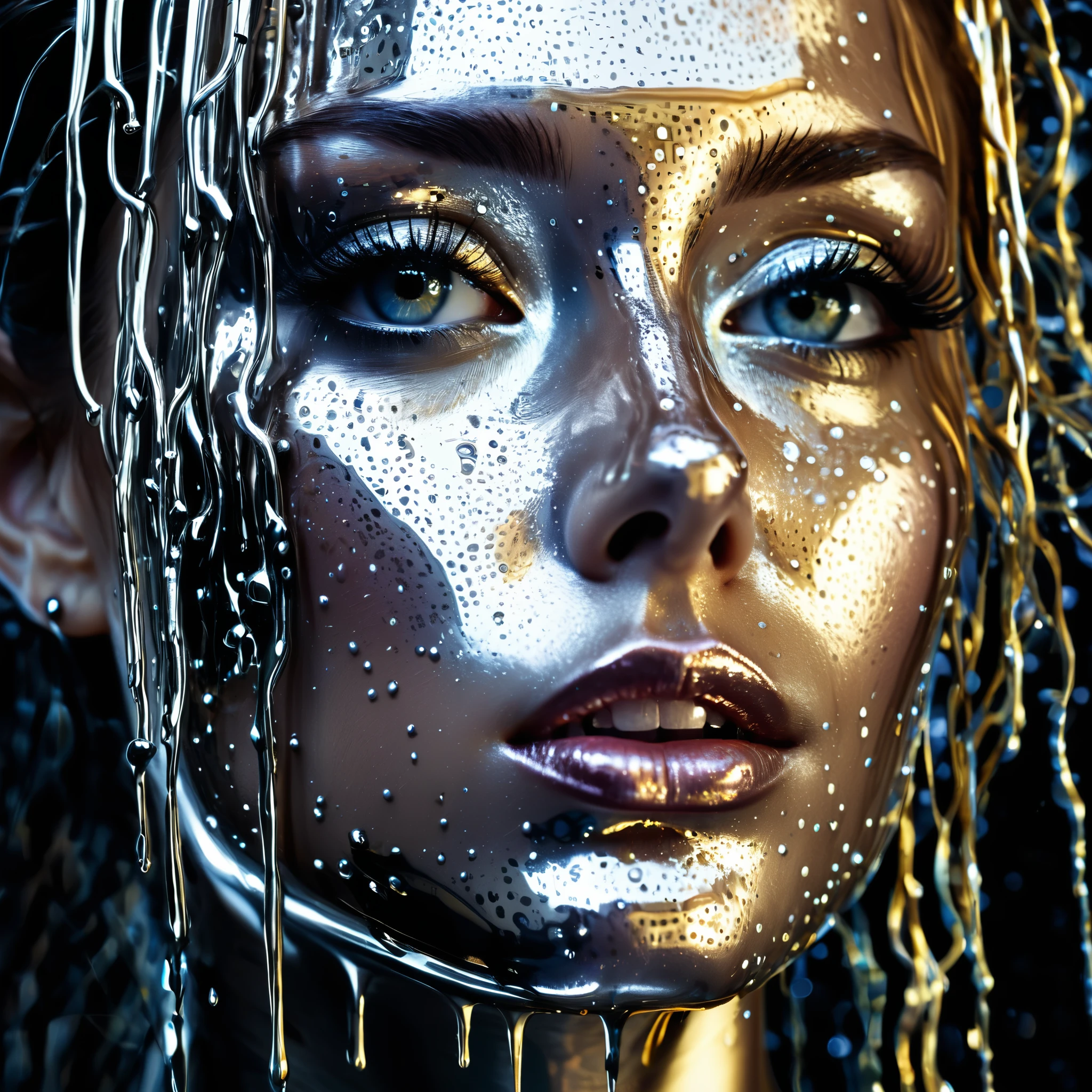 Mesmerizing close-up portrait of female face, A unique dichotomy. The left side is smooth, liquid metal machinery, Drips and flows dynamically like a living entity. Fluid metal glitters,reflection, Creating the illusion of depth and movement. right side of, A sharp contrast, Still natural, soft human face, Not influenced by futurism. The transition between the two halves is seamless, But obviously, Capture your audience's attention. Woman'The expressive eyes, Convey a sense of mystery and otherworldliness. Your hair flowed, Frame the face,Highlighting the unique fusion between man and machine. The background gradually darkens, mysterious hues, Deixe o foco estar inteiramente na Woman'face and its dramatic changes.