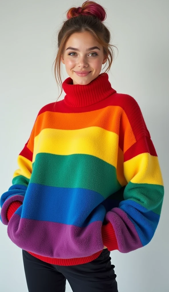 a cute adult, wearing a loose cropped oversized black hoodie, wearing a pair of denim short shorts and fishnet stockings, thick thighs, wide hips, short, very slim, showing slender tummy, stretching out, heart on hoodie, squishy thighs, has glowing blue eyes. alone, solo (ALONE)(SOLO), surrounded by rainbows, colorful galaxy backround