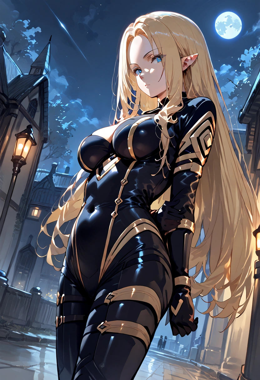 score_9, score_8_up,score_7_up,source_anime,Alpha_Eminence, 1girl, looking at viewer, black bodysuit, breasts, gloves, hands behind back,night