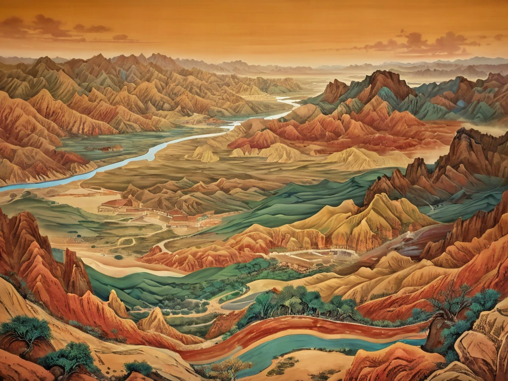 mural， Danxia landscape, Zhangye, China，国画mural，Chinese Landscape Painting， Landforms of the Gobi region.