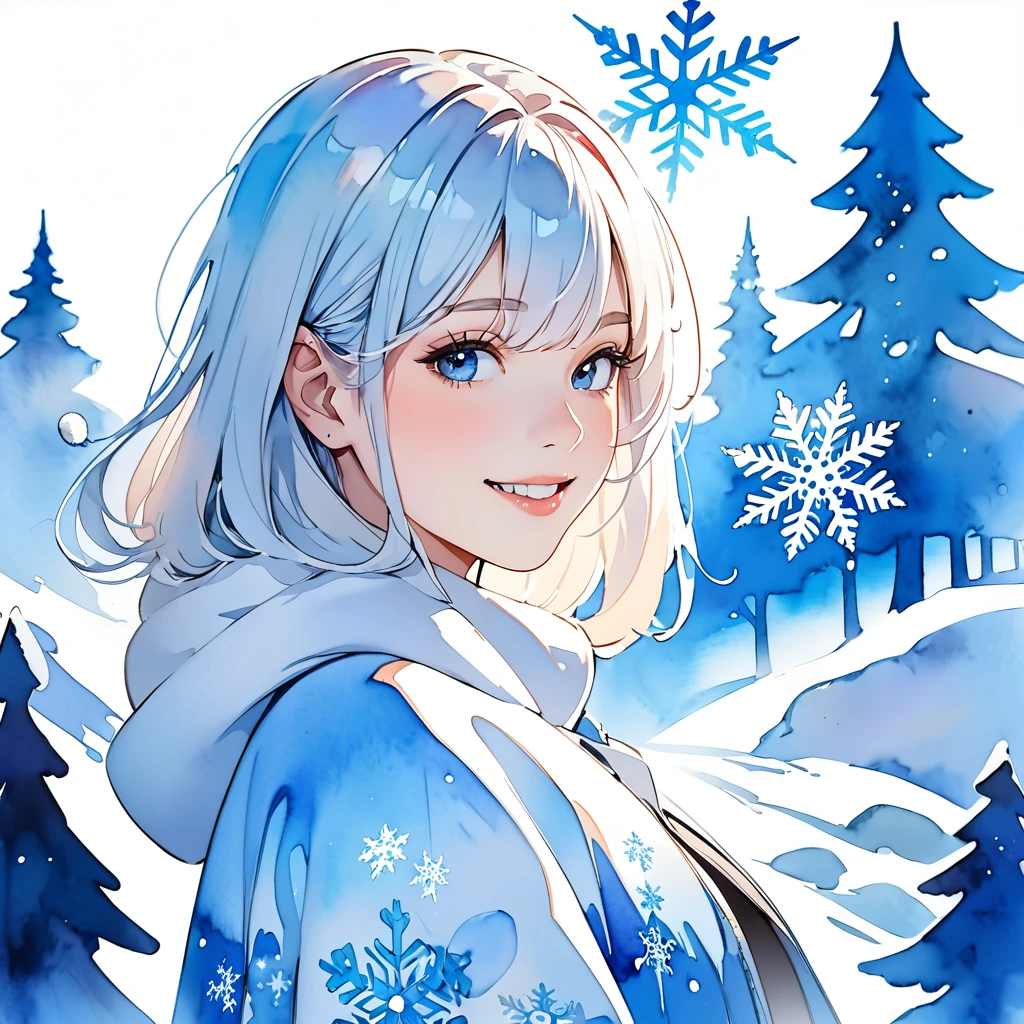 masterpiece, Best Quality,   highest resolution  ,   Gweiz inspired by Los Trans , beautiful, watercolor, Silhouette of a cute Scandinavian girl filled with snow,Snowflake, Smile、Cute smile、Double Exposure, Crisp lines,  blue and white background , 4K Graphics.