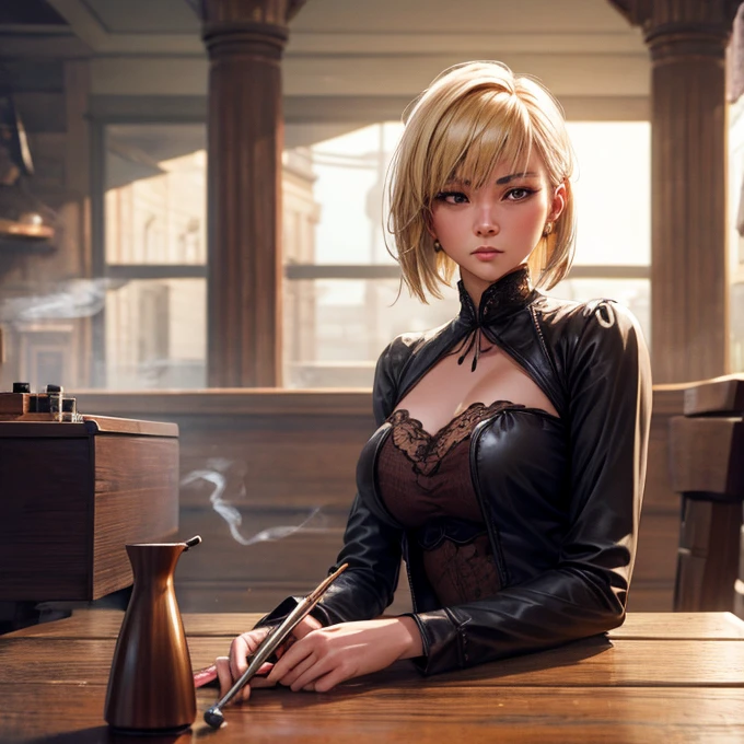Full body, gray hair, (Dragoon: 1.2), Brantovan, masterpiece, best quality, official art, very elaborate CG Unity 8K wallpaper, for girls, ultra high resolution, (photorealistic: 1.4), golden hour lighting, sweater dress, (upper body), (platinum shorthair: 0.8), (puffy eyes), looking at the viewer, frontal, smile, medium breasts, gentle smile, Shirt lift, gloves, short hair