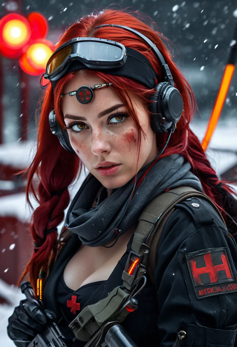 post-apocalyptic, high resolution, 1 woman, Solo, view the viewer, (Detailed face),Red hair, Long closed in back hair, military Nurse outfit, drops of blood on arm, red and black clothe, Snow background, Girl aiming assault rifle, mechanical, Glowing Eyes, Metal surface, Digital display, Streamlined Design , Digital Creatures, Glass visor, fear pose , Invisible Circuits, Colorful wires ,scarf, long boots wit red light, headset with antenna and headband medical sight, medical box in waist, stethoscope, Tattoo on the face with the text "Athena"