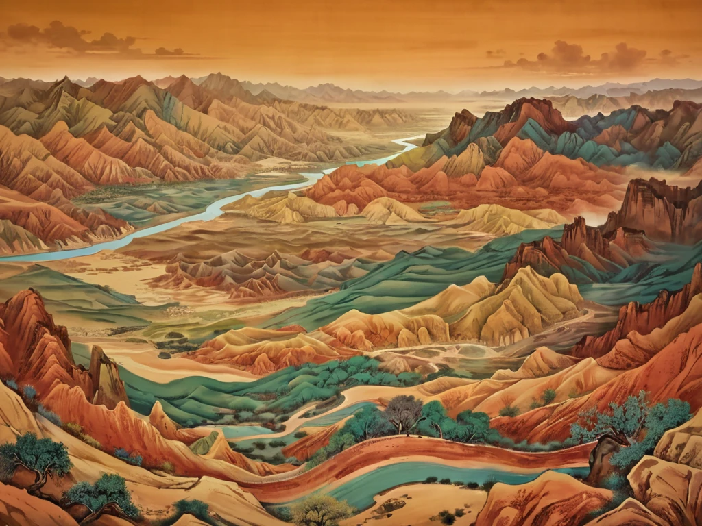 mural， Danxia landscape, Zhangye, China，国画mural，Chinese Landscape Painting， Landforms of the Gobi region.