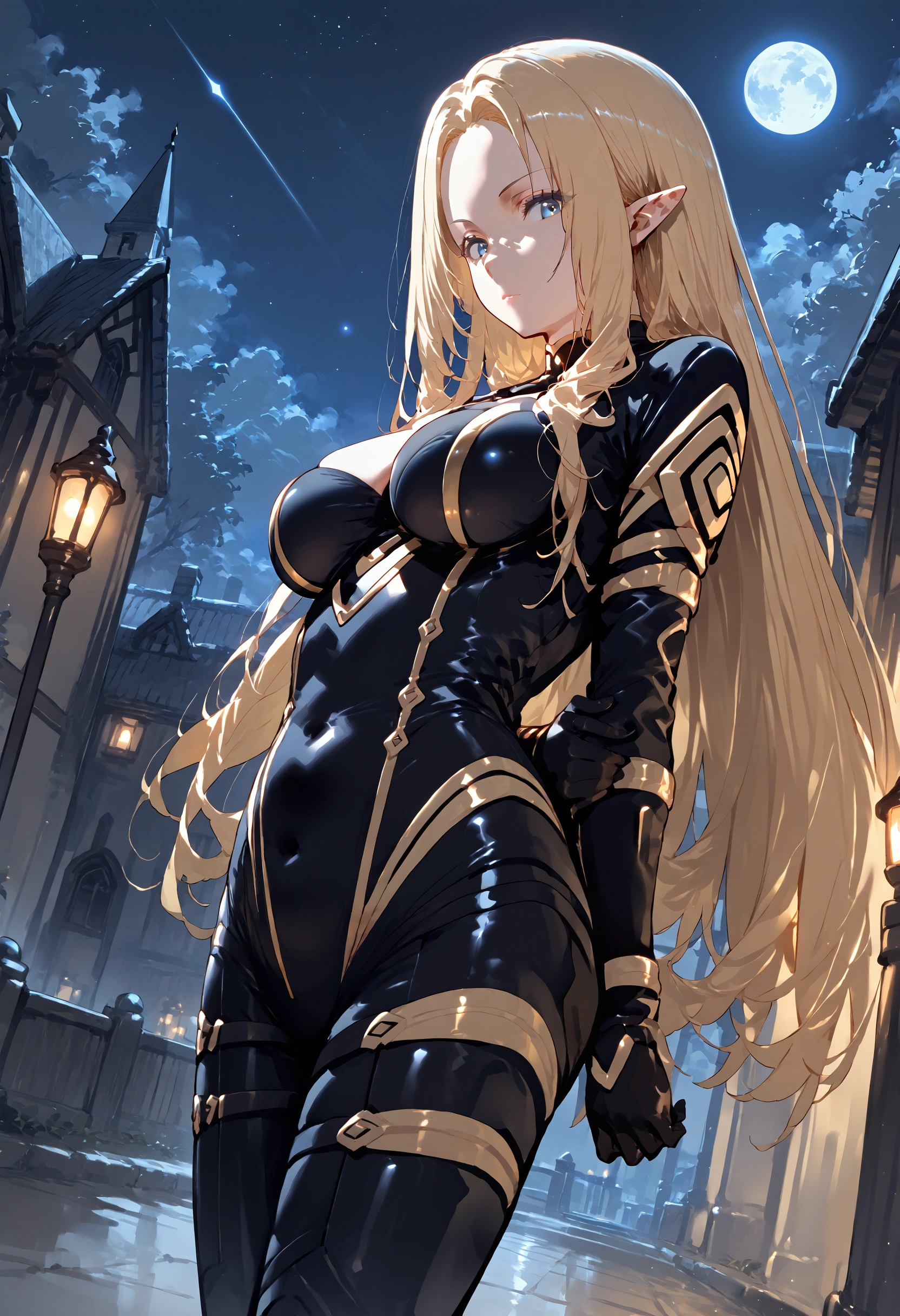 score_9, score_8_up,score_7_up,source_anime,Alpha_Eminence, 1girl, looking at viewer, black bodysuit, breasts, gloves, hands behind back,night