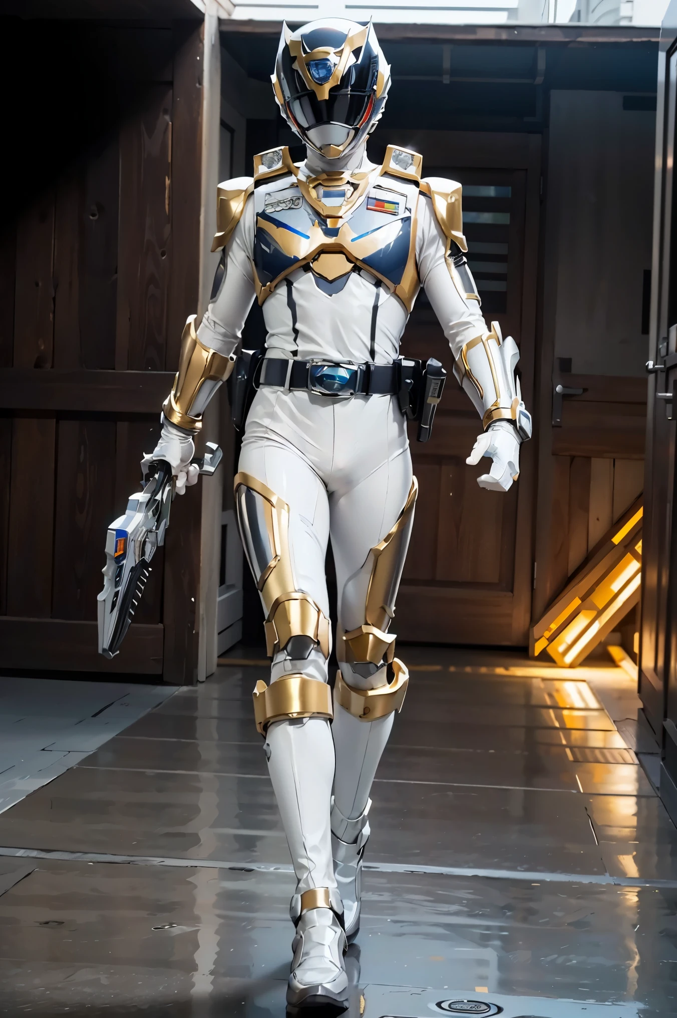 1boy, full body, Illustration, cinematic light, high resolution, best quality, ultra-detailed, masterpiece, power suit, powerranger, suit, spd, (Silver and Gold chest plate), white and gold detail, (((white suit))), ((police theme:1.2))