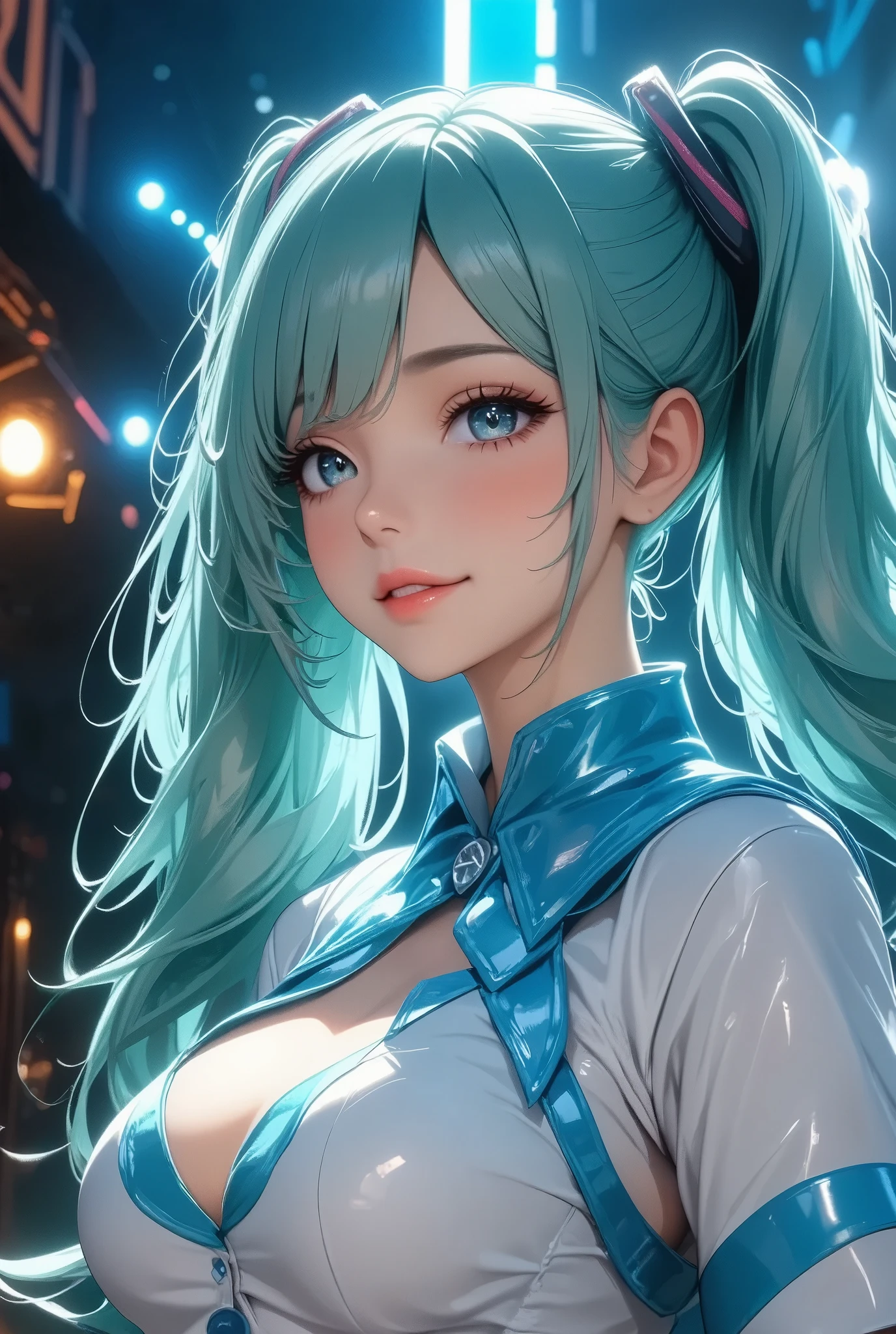 8K、top-quality、masutepiece、An ultra-high picture quality、ultra-detailliert、Ultra-realistic hair quality、Vibrant colors、Beautuful Women、Beautiful long hair、smooth hair、detailed hairs、blue hairs、poneyTail、Blue eyes、shinny skin、Lace underwear、Very gigantic-breasts、Sweat on the forehead and cheeks、extremely big ass、Fluffy off-shoulder yukata、A smile、pink tongue、Ultra-realistic flesh feeling、Red cheeks、summer festival in background