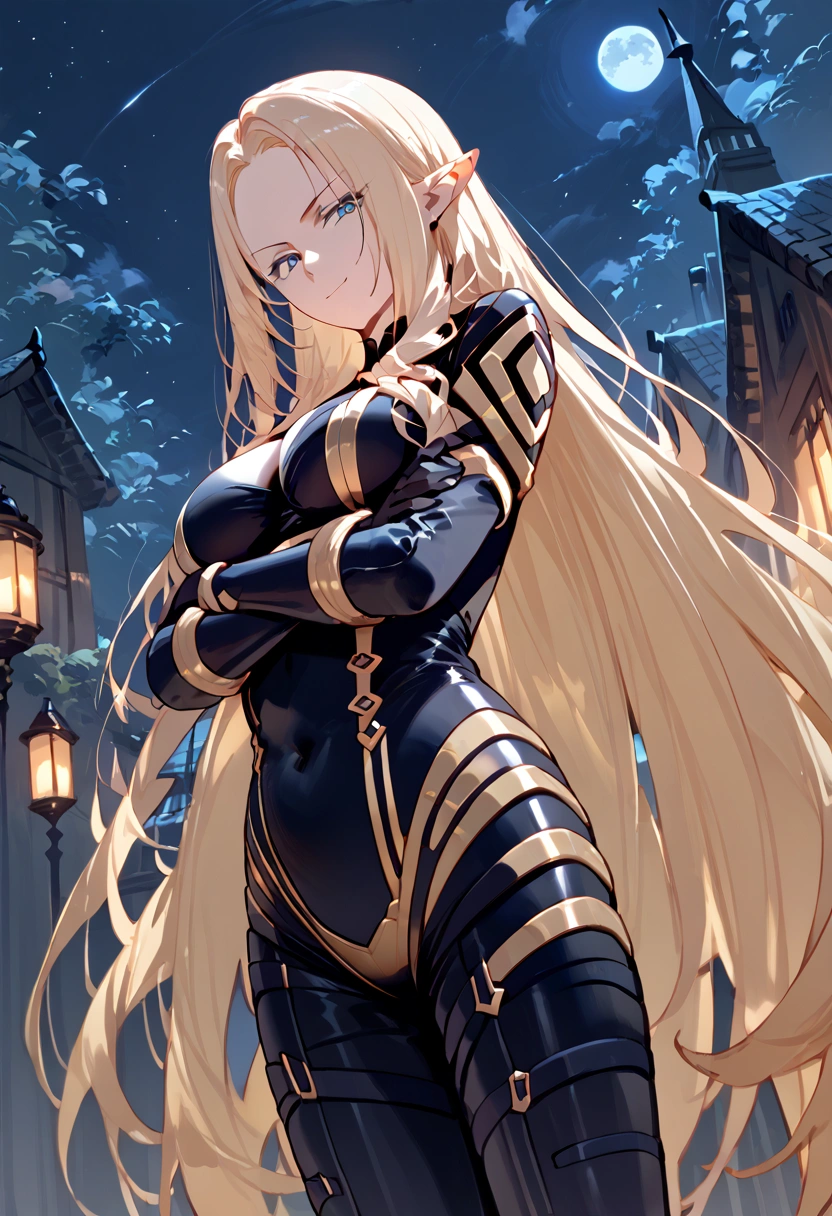 score_9, score_8_up,score_7_up,source_anime,Alpha_Eminence, 1girl, looking at viewer, black bodysuit, breasts, gloves, Arms crossed,night,smirk,