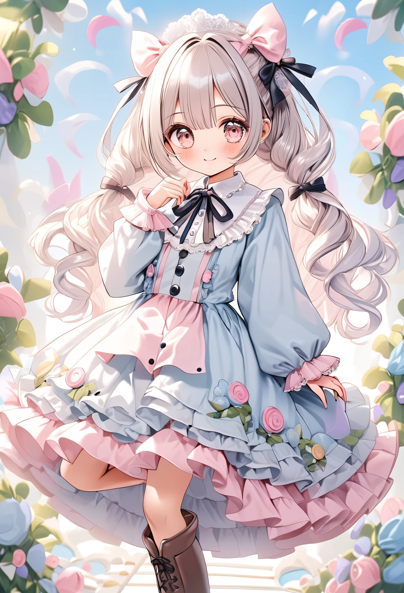 One cute girl, long fluffy hair in a braid, white hair, big lovely eyes, curled eyelashes, brown eyes, smiling, fun, frilled (frilled shirt),
(frills around the buttons)
(frills around the collar)
(flared skirt),(adorable cute big eyes)
lace-up boots, lolita fashion, clothes in pastel colors, high resolution, best quality, 8k, gentle atmosphere, adorable atmosphere
