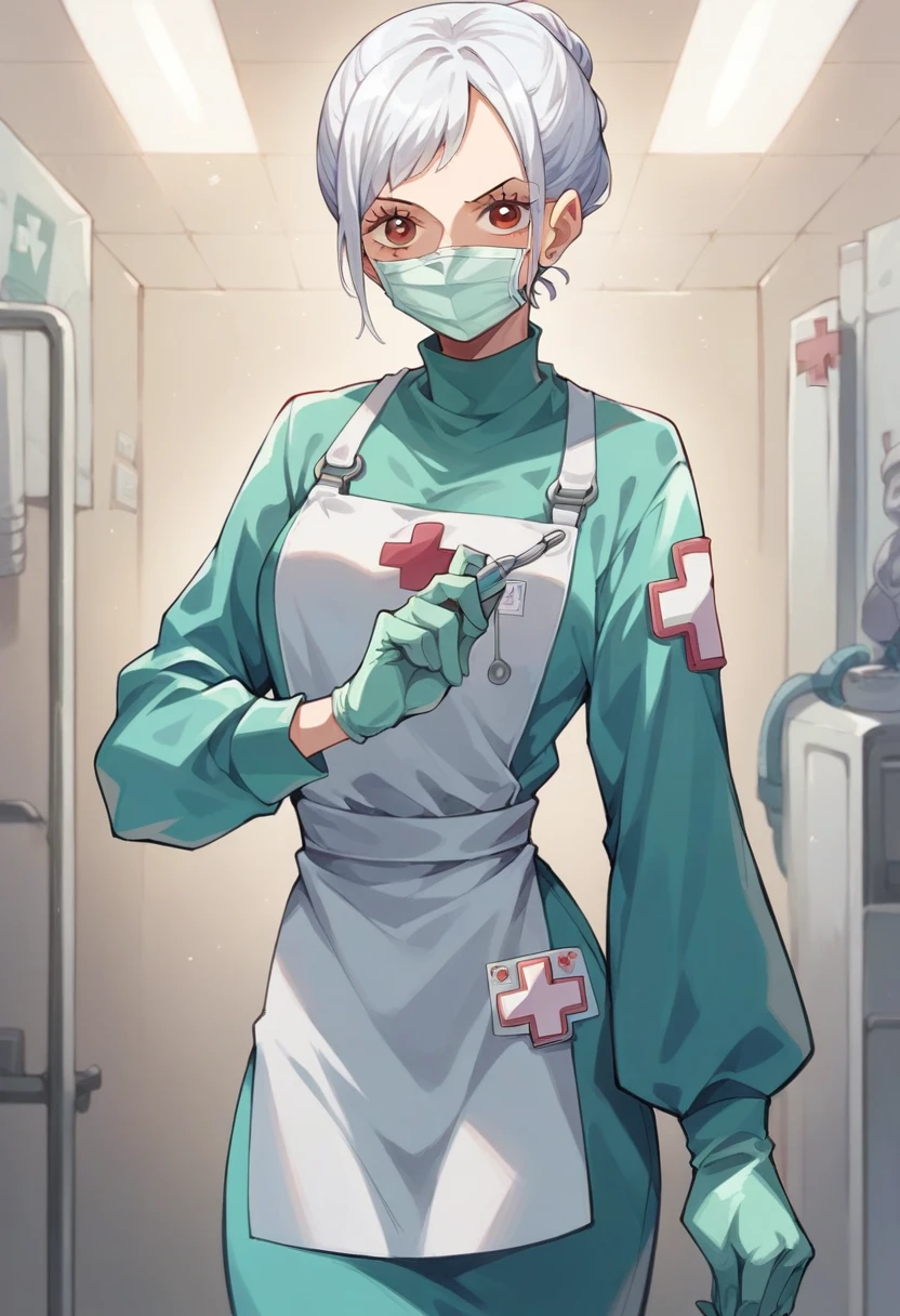 (Perfect Anatomy)、Mastepiece、Ultra High Quality、 8k、masterpiece、Highest quality、Ultra-high resolution、Maximum resolution、Very detailed、Professional Lighting、anime、woman、thin、Very beautiful face、Very beautiful eyes、(Highly detailed eye)、Highly detailed face, ,Nurse uniform, nurse, Has a submachine gun、Red Eye、Silver Hair、short hair、Earrings、Fingerless gloves、Beautiful Eyes、Gloss Lip、Tactical Boots、Equipped with transparent orange shooting goggles、Equipped with a chest rig、Carry a first aid kit、Health Corps, ((submachine gun)), (((gun and take aim))), (((aiming at viewer gun)))